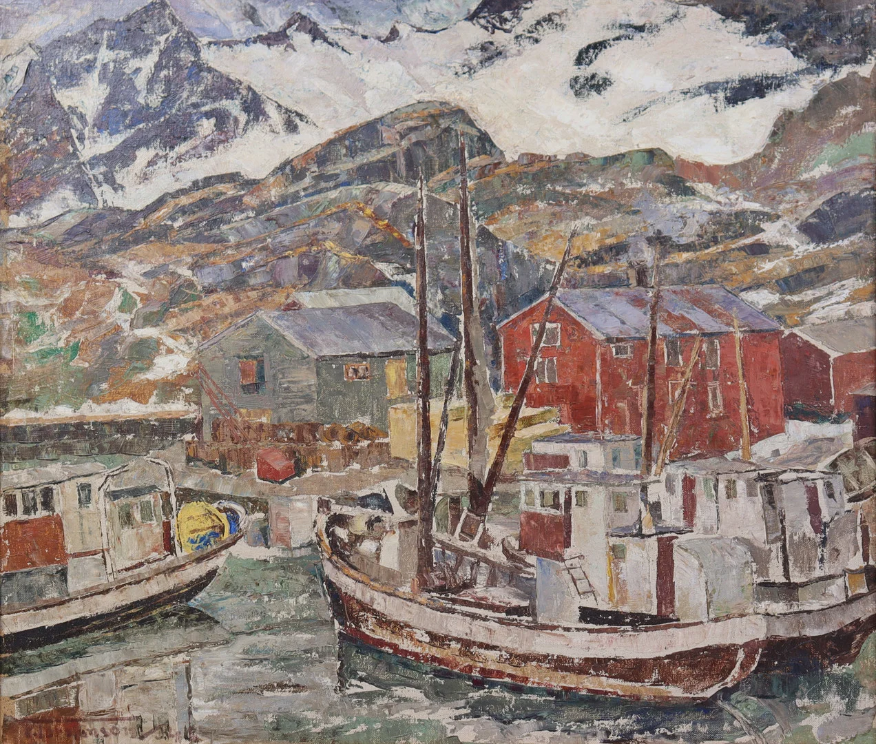 TORSTEN TORSTENSON. olja på pannå, "Fiskebåtar, Kabelvåg". — Paintings — Markus Auktioner