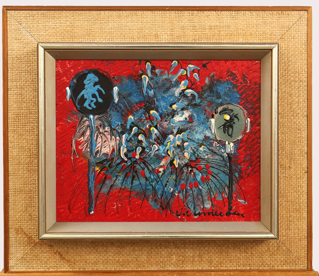 VALDEMAR VENNERSTEN. , olja på pannå, livfull komposition mot röd grund, blått, svart och vitt. Signerad. Omkring 1970. — Paintings — Limhamns Auktionsbyrå