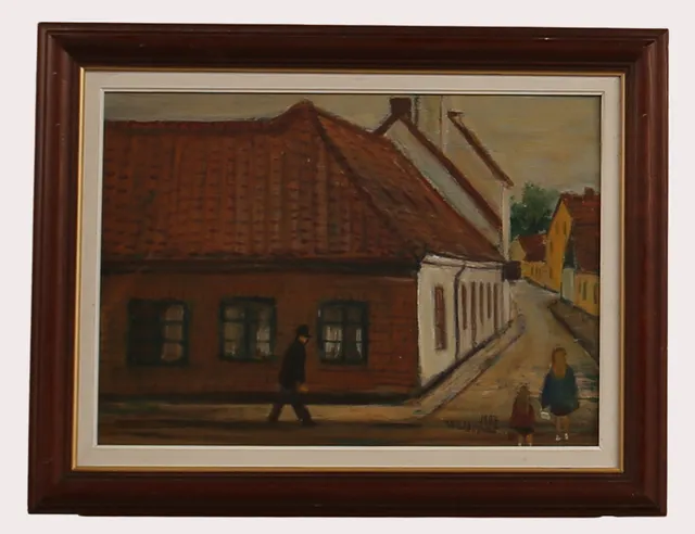 ÅKE WALDEMAR LARSSON. Olja på pannå "Stora Rådmansgatan Simrishamn, signerad, daterad 1987.
