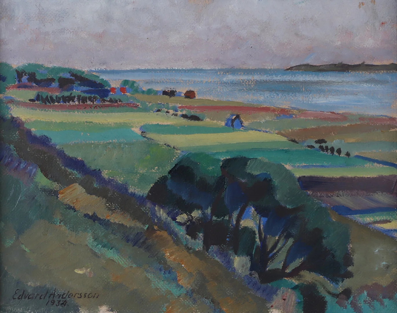 EDVARD ANDERSSON. Kustlandskap, olja på pannå, signerad 1934. — Paintings — Helsingborgs Auktionskammare