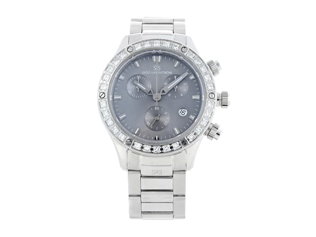 SJÖÖ SANDSTRÖM, Lady Extreme, Cal SS L2, Serie nr. 353, kronograf, damur, 37 mm, stål, quartz, safirglas, datum, diamantkrans, (30 st. prinsesslipade, ca W/VS1, ca 1,50 ctv), originallänk, viklås, ca 2015. — Klockor/Sjöö Sandström — Kaplans