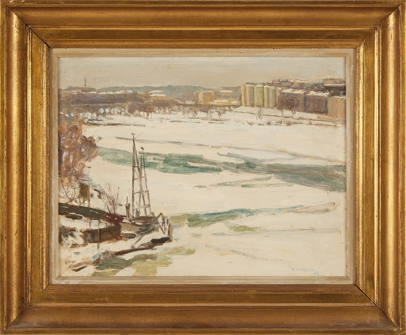 WILLIAM NORDING (1884-1956). Stockholm i vinterskrud, olja på pannå, signerad och daterad -49. — Paintings — Stockholms Auktionsverk Magasin 5