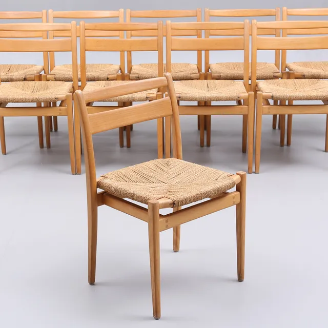 VIDAR MALMSTEN. Stolar, 10 st, "Kaj", trä/flätad sits, stapelbara, 1960-tal.