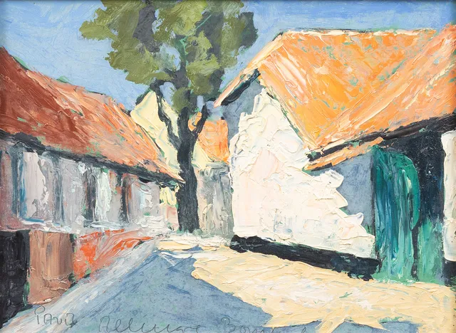 PAUL K JÖRGENSEN. Motiv från Allinge, Bornholm, olja på pannå, signerad.