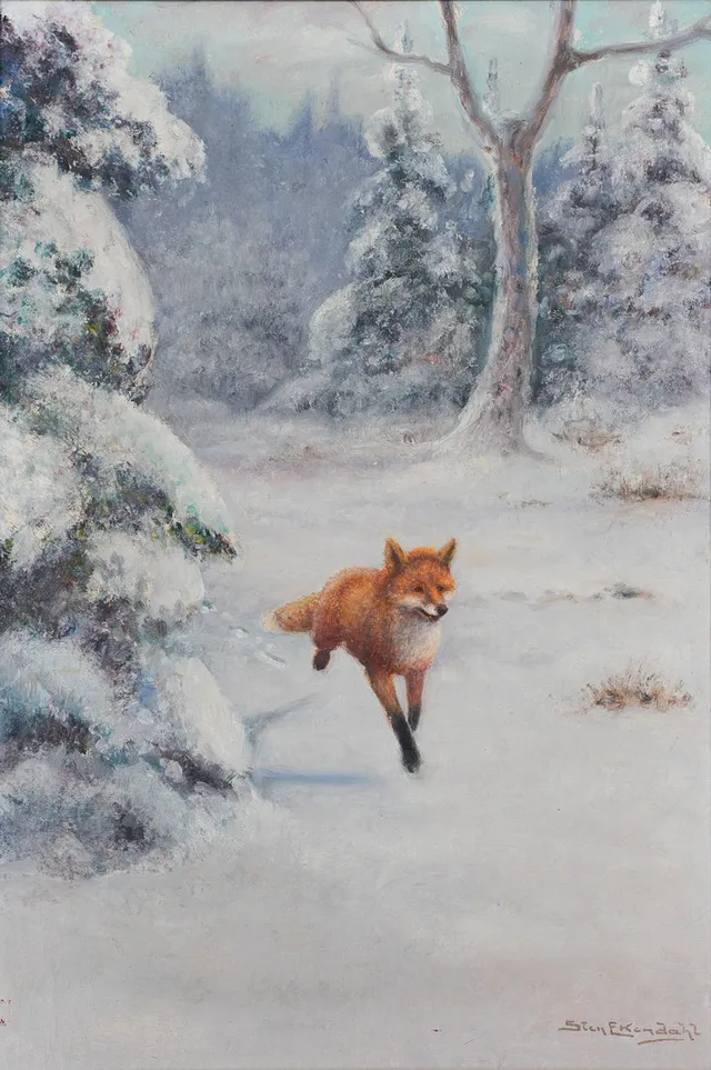 STEN EKENDAHL. Räv i snölandskap, olja på duk, signerad.