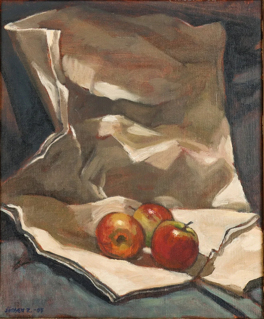 JÖRGEN ZETTERQUIST. Stilleben med äpplen, olja på duk, signerad och daterad 2007. — Paintings — Karlstad Hammarö Auktionsverk