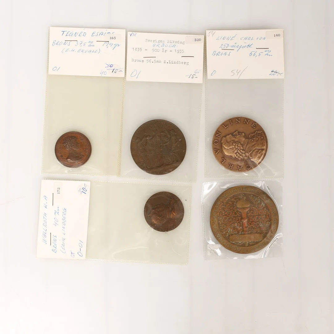 MINNESMEDALJER, brons, 5 stycken. — Orders & Medals — Limhamns Auktionsbyrå