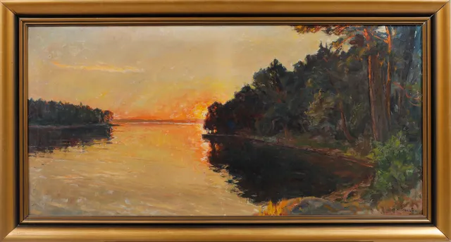 GOTTFRID KALLSTENIUS. Solnedgång över Djupsundet i Källvik, olja på duk, signerad.