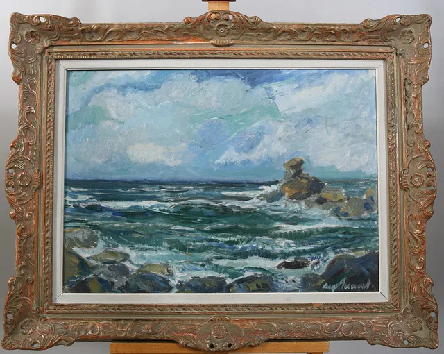 AAGE STRAND. Olja på duk, Klippkust, signerad.