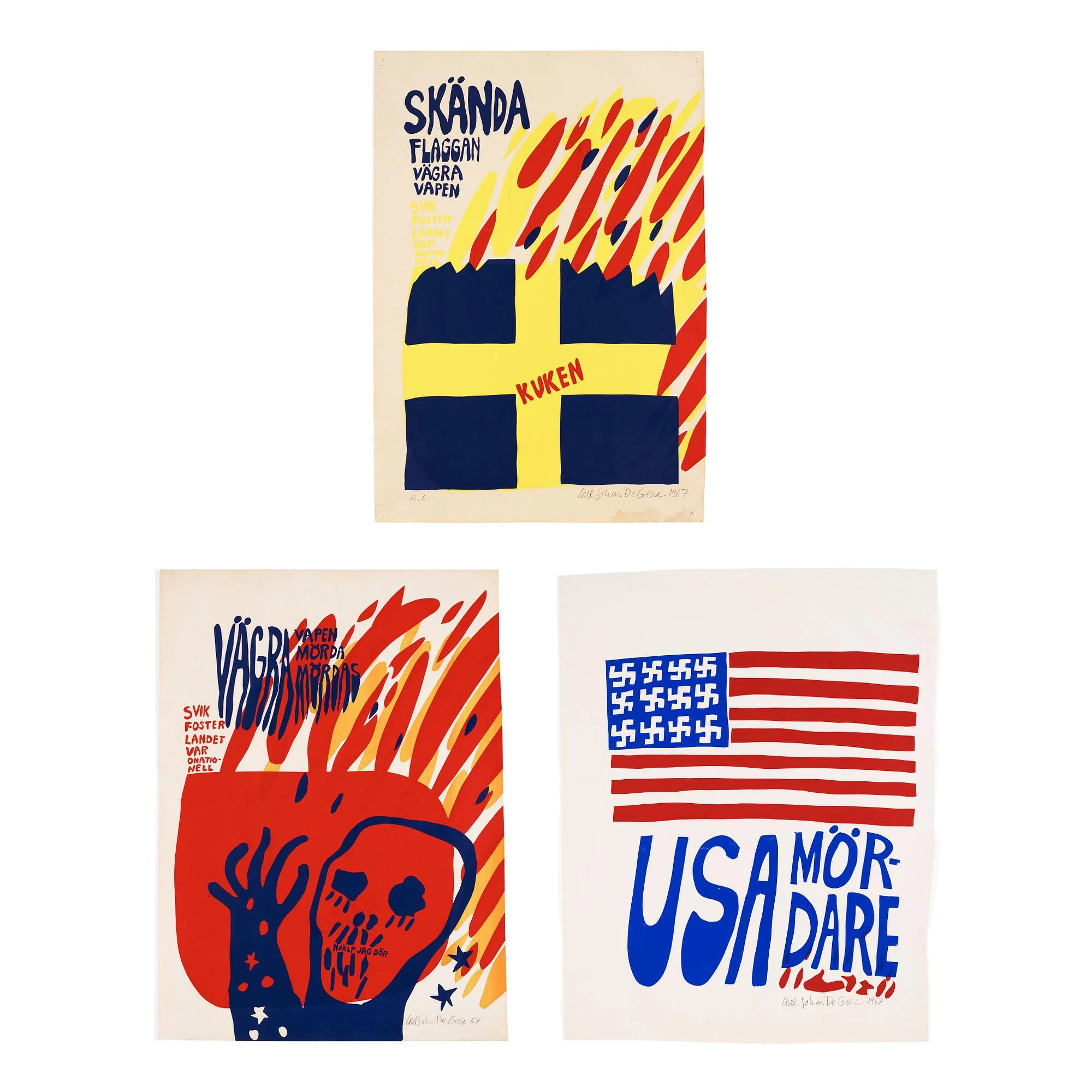 Carl Johan De Geer, "Skända Flaggan", "Vägra vapen" och "USA-Mördare", samt rättegångsdokument. — Bukowskis