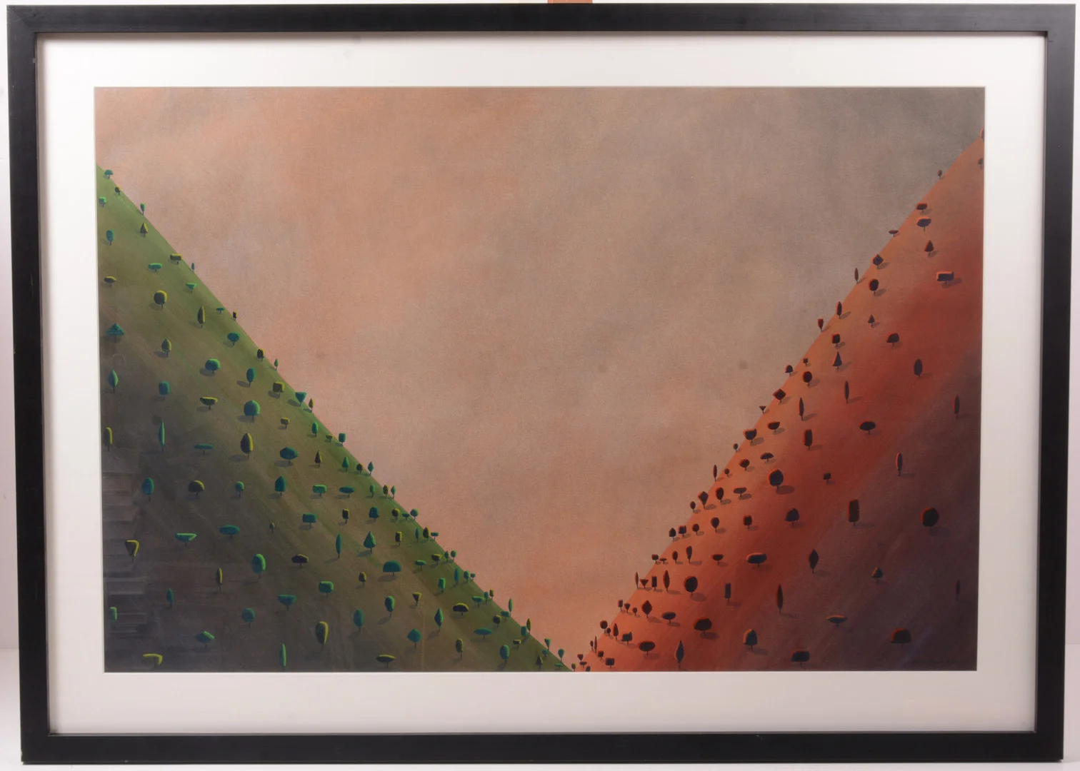 KRISTIAN KROKFORS. Komposition med träd,. grön / orangea kullar. Blandteknik på papper. — Paintings — Connoisseur Bokauktioner