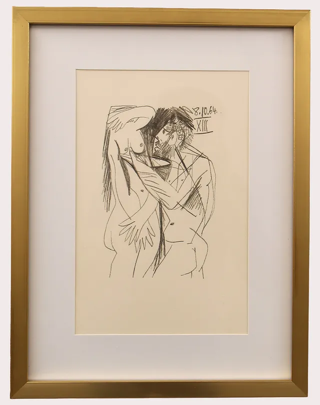 PABLO PICASSO. Efter, litografi , erotiskt motiv märkt 8.10.64 XIII, ur "LE GOUT DU BONHEUR" , Schünemann år 1970. Nr 403.