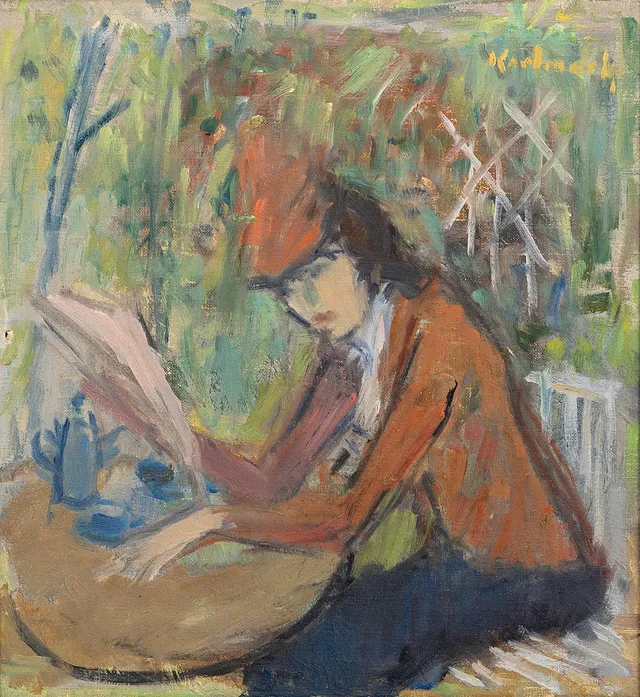 GERHARD KARLMARK. Läsande kvinna, olja på pannå, signerad, 1900-talets första hälft.