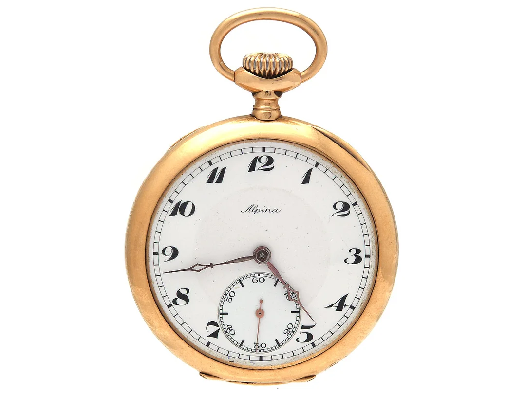 ALPINA, Chronomètre, fickur, 50,5 mm, Serie nr. 164830, Boett nr. 164830, 18K guld, ankargång, innerlock i 18K guld, bucklor, ca 1925. — Klockor/Alpina — Kaplans