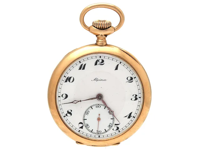 ALPINA, Chronomètre, fickur, 50,5 mm, Serie nr. 164830, Boett nr. 164830, 18K guld, ankargång, innerlock i 18K guld, bucklor, ca 1925.