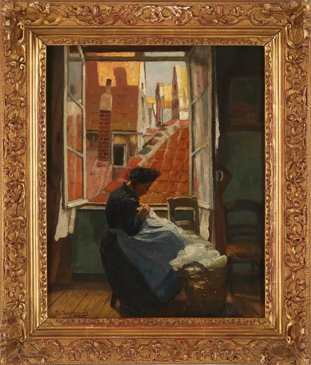 HENRIK NORDENBERG (1857-1928). kvinna som syr vid öppet fönster, olja på pannå, signerad.