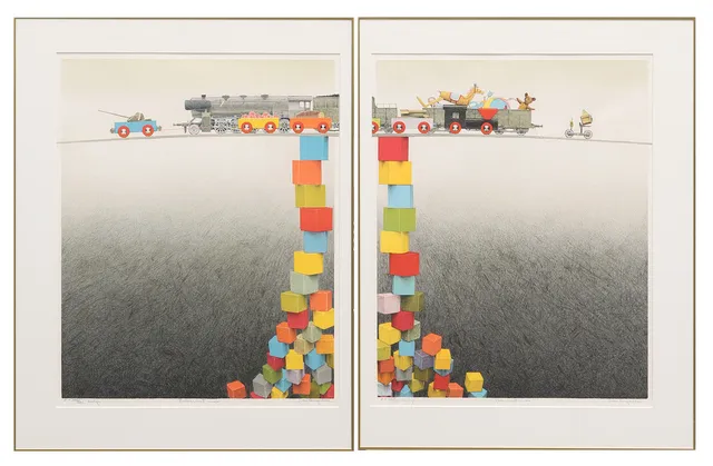 SVEN LINGARDSZ. "Balanserat möte", färglitografi, diptyk, signerade, e.a., numrerade xxv/xxx.
