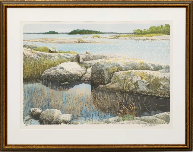 GÖRAN HAHNE. Skärgårdsmotiv, färglitografi, signerad. Épreuve d'artiste.