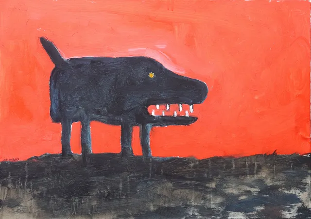 ULF LUNDKVIST. Arg hund mot rött, olja på duk, signerad och daterad 2015.