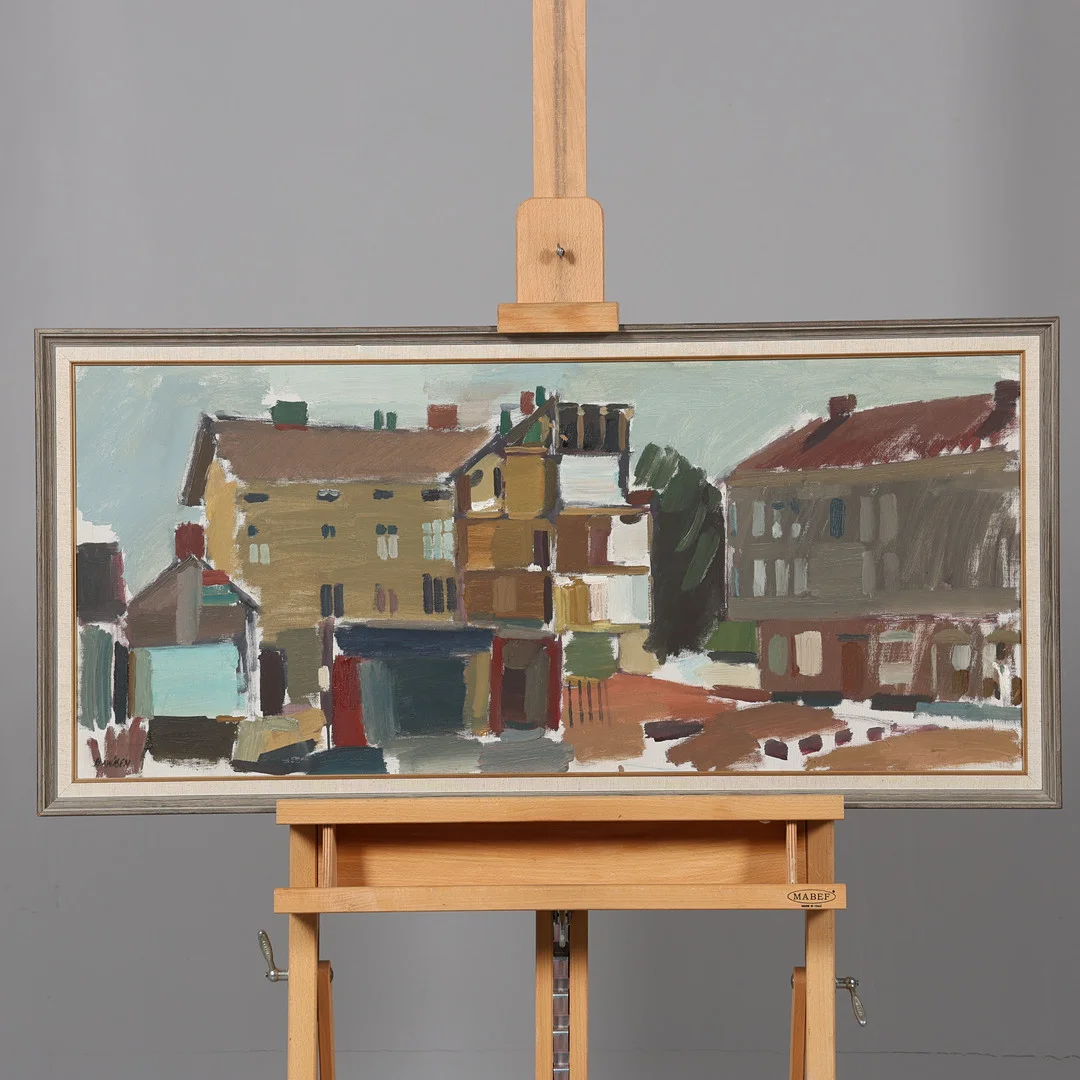 GÖSTA STAWÅSEN. OLJA PÅ DUK, "Norrby tvärgata", signerad samt daterad 1961. — Paintings — Borås Auktionshall