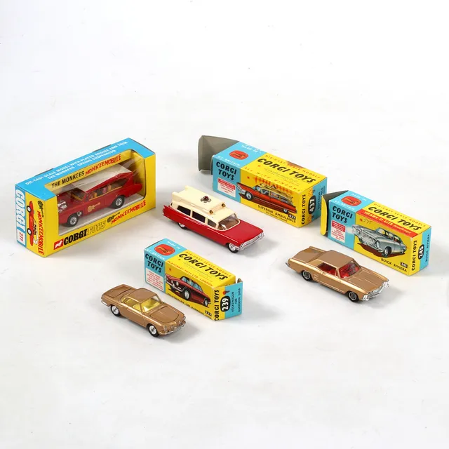 MODELLBILAR i originallådor, 4 st, Corgi Toys, 1900-talets andra hälft.