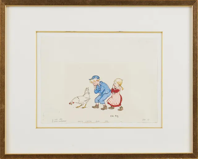 BJÖRN BERG ( 1923-2008). Illustration till Astrid Lindgrens " Emil i Lönneberga", tusch och akvarell på papper, signerad Björn Berg.