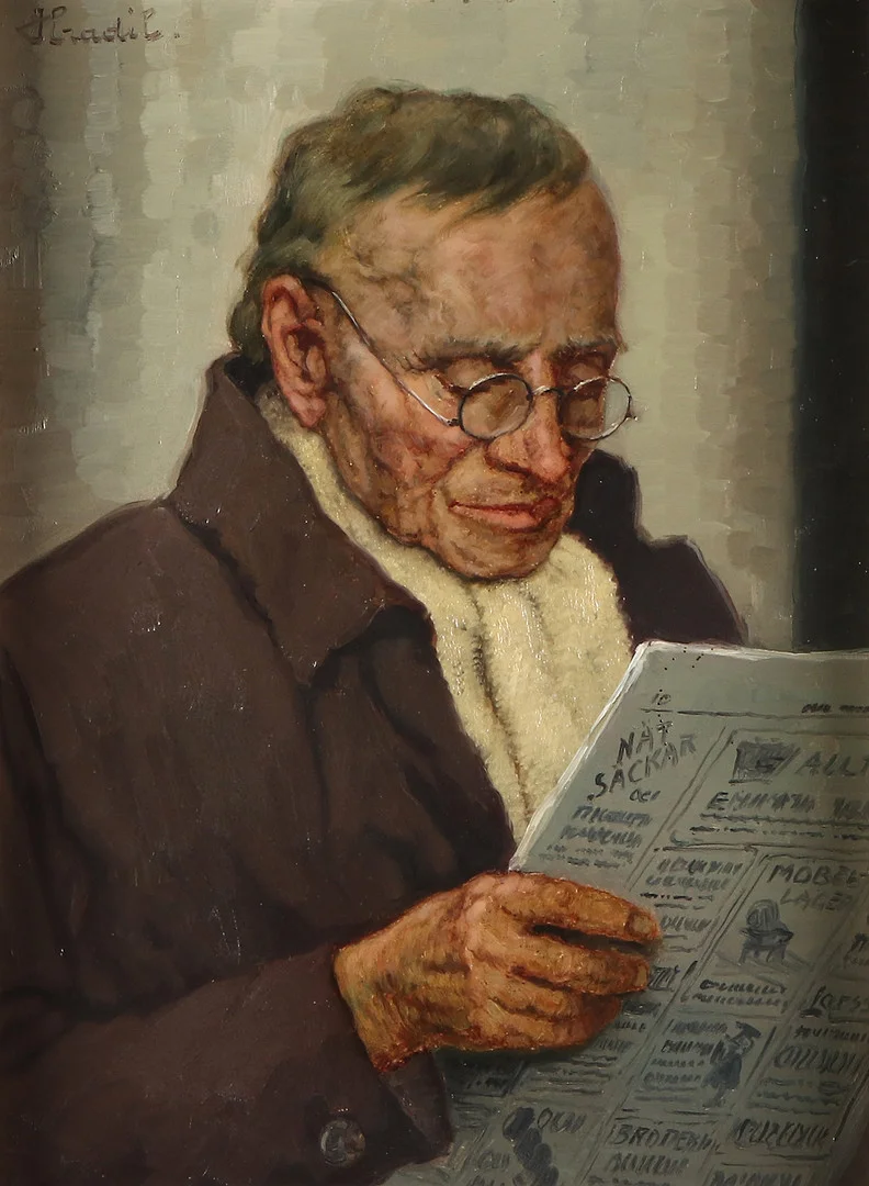 BELA HRADIL. Oljemålning på pannå. Signerad. Tidningsläsande man. — Paintings — Skånes Auktionsverk