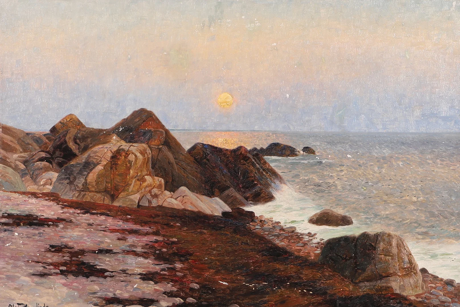 OLOF KRUMLINDE. Kustparti med solnedgång, olja på duk, signerad. — Paintings — Helsingborgs Auktionskammare