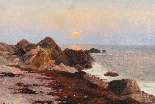 OLOF KRUMLINDE. Kustparti med solnedgång, olja på duk, signerad.