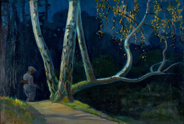 PER FISCHER (1877-1974). Jägaren, monogramsignerad och daterad PF 14, olja på pannå.