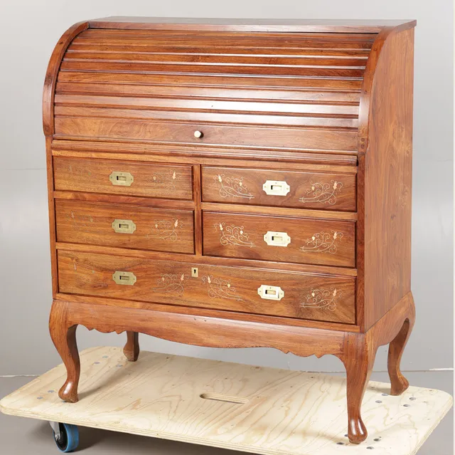 A PAKISTANI HARDWOOD AND BRASS INLAID BUREAU.