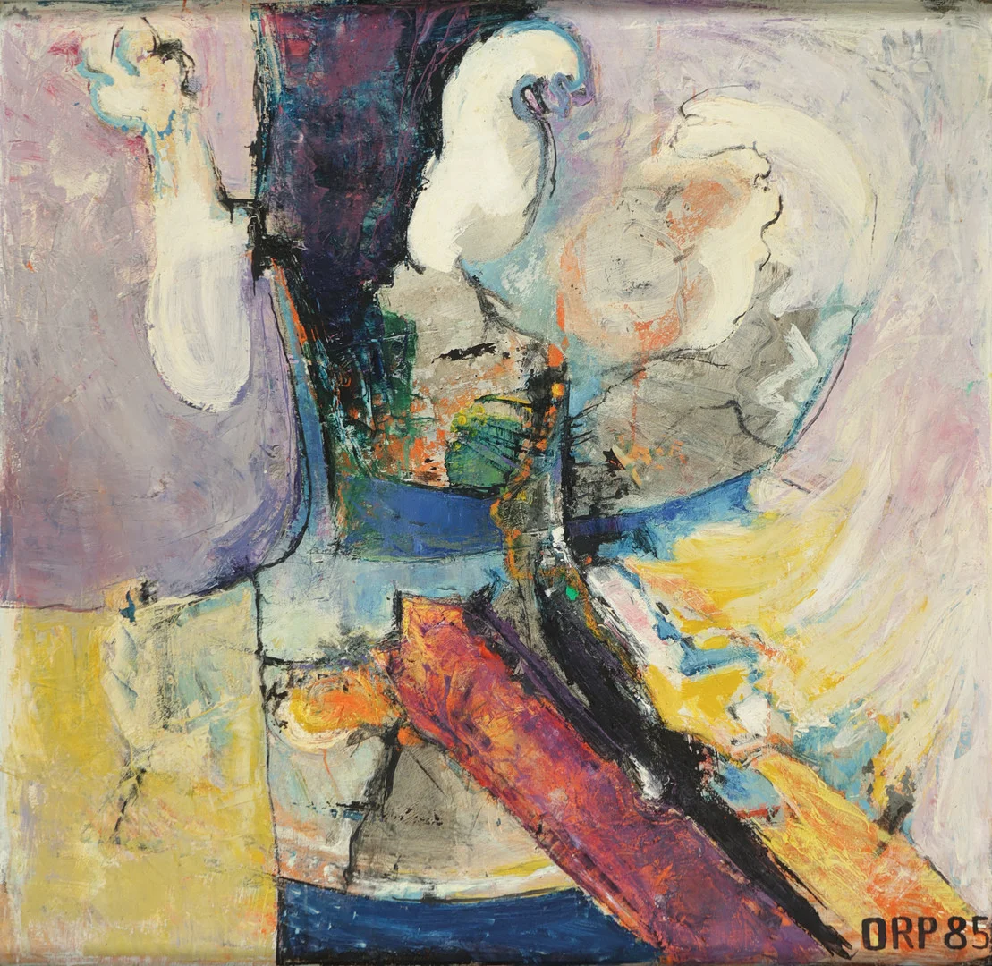 UBEKENDT KUNSTNER. Abstrakt komposition, olie på plade, signeret og dateret 1985. — Paintings — Palsgaard Kunstauktioner