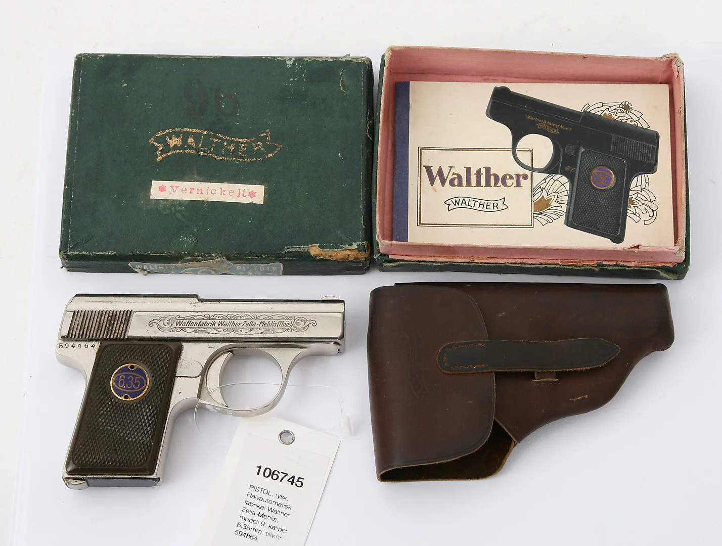 PISTOL, tysk, Halvautomatisk, fabrikat Walther Zella-Mehlis, modell 9, kaliber 6,35mm, tillv.nr 594864, se-nr SE0294804. — Pistols — Mauritz Widforss