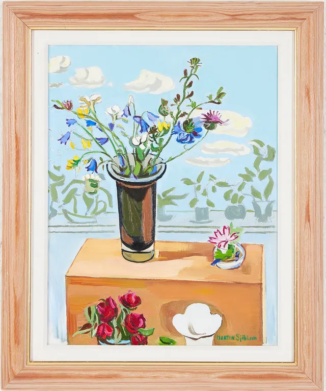 MARTIN SJÖBLOM (1920-2004). Blomsterstilleben vid fönsterkarm, olja på duk, signerad.