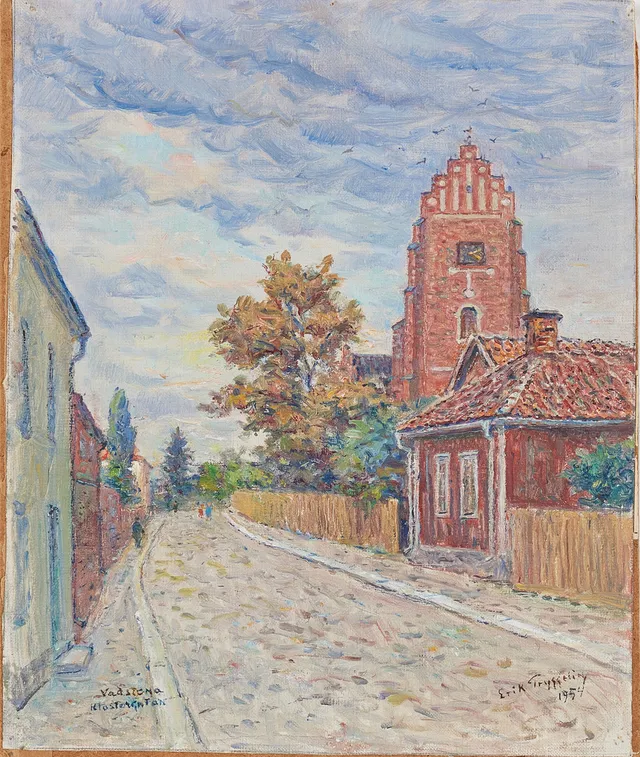 ERIK TRYGGELIN. ''Vadstena, klostergatan'', olja på duk fäst på pannå, signerad och daterad 1954.