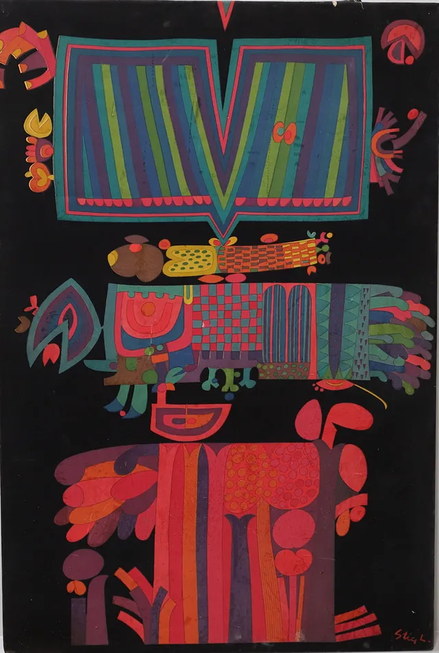 STIG LINDBERG. Textiltryck på sammet, signerad Stig L i trycket, 1960-tal.