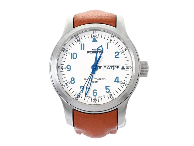 FORTIS, B-42 Flieger, Day Date (200M), Cal ETA 2836-2, Serie nr. 3597, Boett nr. 645.10.158.3, herrur, 42 mm, stål, automatisk, safirglas, dag, datum, glasbaksida, läderband, originalspänne, ca 2010.