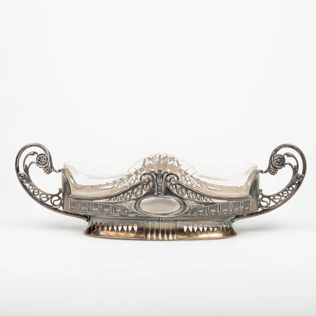 SKÅL MED HÄNKLAR, glas/nysilver, 1900-tal.