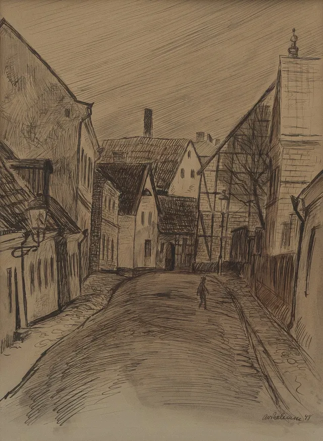 ARNO VIHALEMM (ESTLAND/SVERIGE 1911-1999). Gatumiljö, Ystad, blandteknik, signerad och daterad -48.