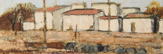 ERIC LUNDBERG. Huslandskap, olja på säckväv, signerad.