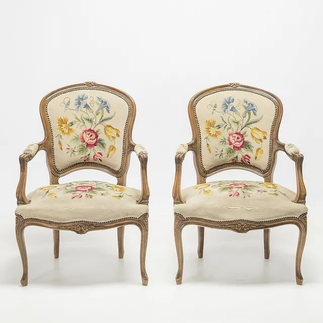 Pair of Louis XV style armchairs in walnut, 20th Century.