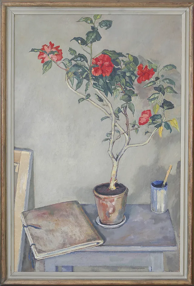 SVEN JOANN. Hibiscus i ateljén, olja på duk, signerad.