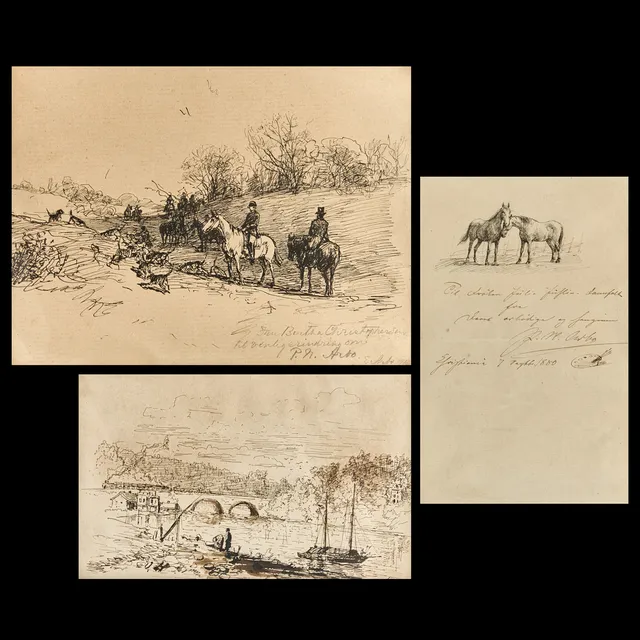 PETER NICOLAI ARBO (Norge 1831-1892), (3), tuschteckningar av hästar, ryttare, bromotiv.