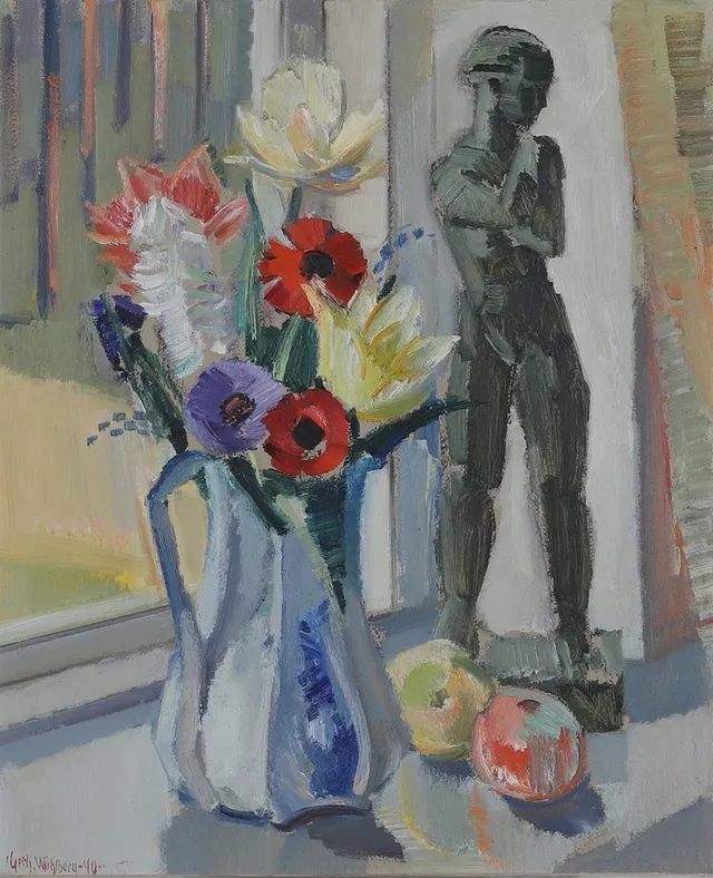 GERHARD WIHLBORG. Olja på pannå, "Vårgrupp i fönstret", signerad och daterad 1940.