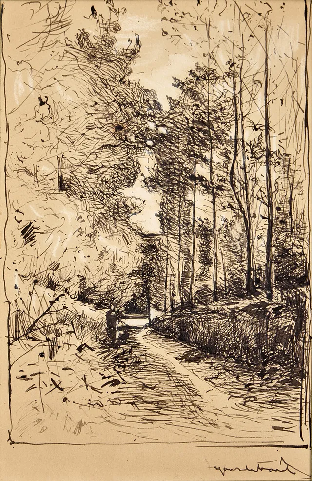 KARL NORDSTRÖM (Tjörn 1855-1923 Drottningholm). Allé i Lyons-le-Forét, tusch och gouache på papper.