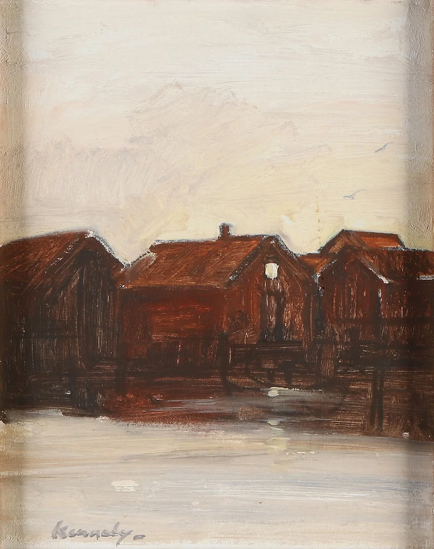 PETER KENNEDY. Oljemålning på duk. Sjöbodar. Signerad. — Paintings — Skånes Auktionsverk