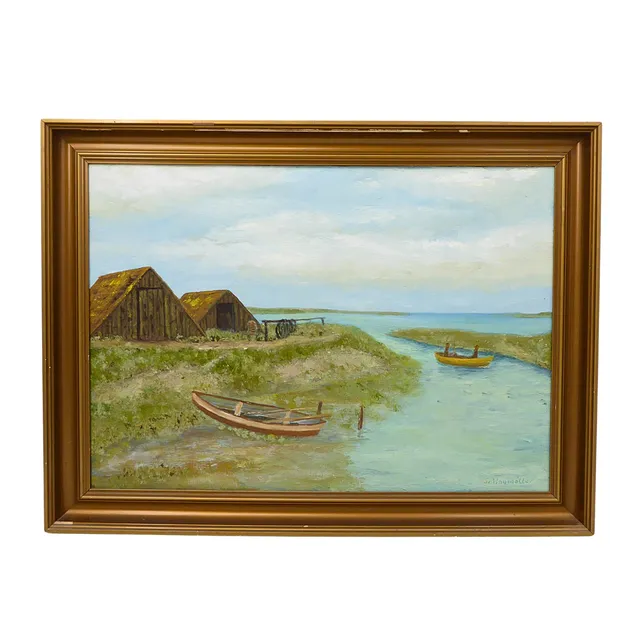 SVEND HOUMØLLER – KÜSTENLANDSCHAFT MIT BOOTEN UND SCHUPPEN, 1975.