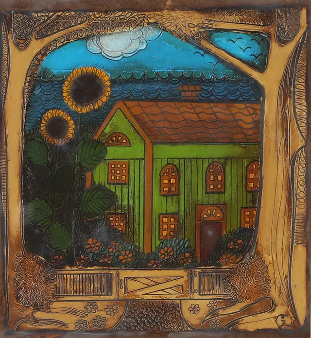 INGRID OTTOSSON LINDHE. Landskap med hus, blandteknik, monogramsignerad.