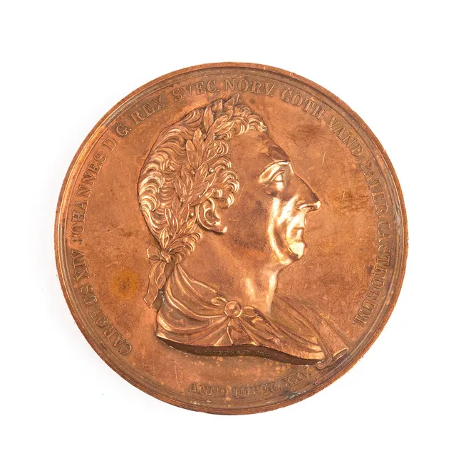 MEDALJ, brons, Karl XIV Johan, 25-årigt regeringsjubileum, Et Virtus Belli et Sapientia Pacis, 1843.