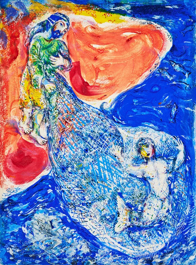 MARC CHAGALL. "When Abdallah landed his net" from "A Thousand and One Nights", Gouache, oil pastel/colour crayon and graphite pencil glued on cardboard, 61x45 cm.